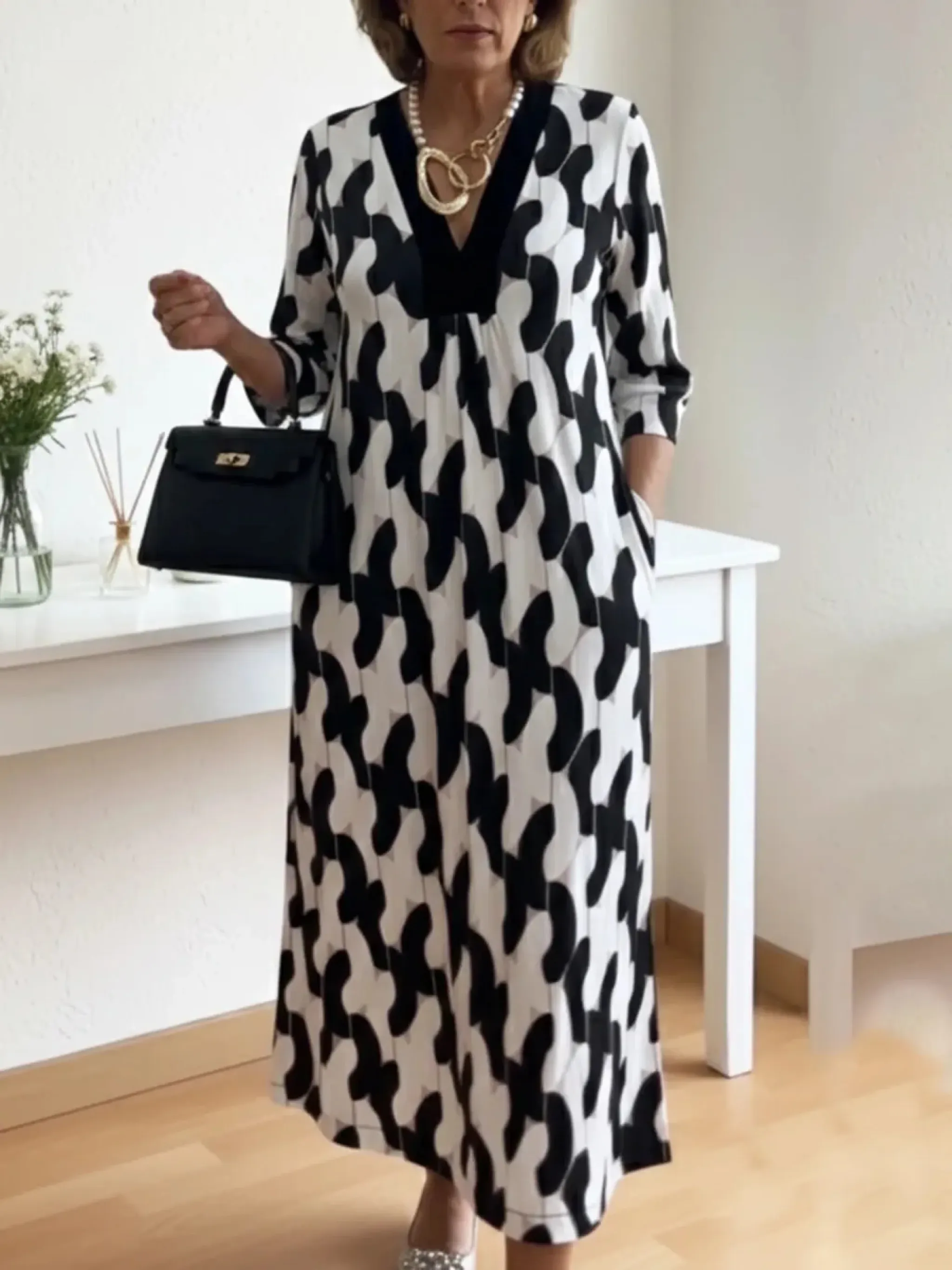 Elegant Art Print Color Block Trim V-neck Midi Dress