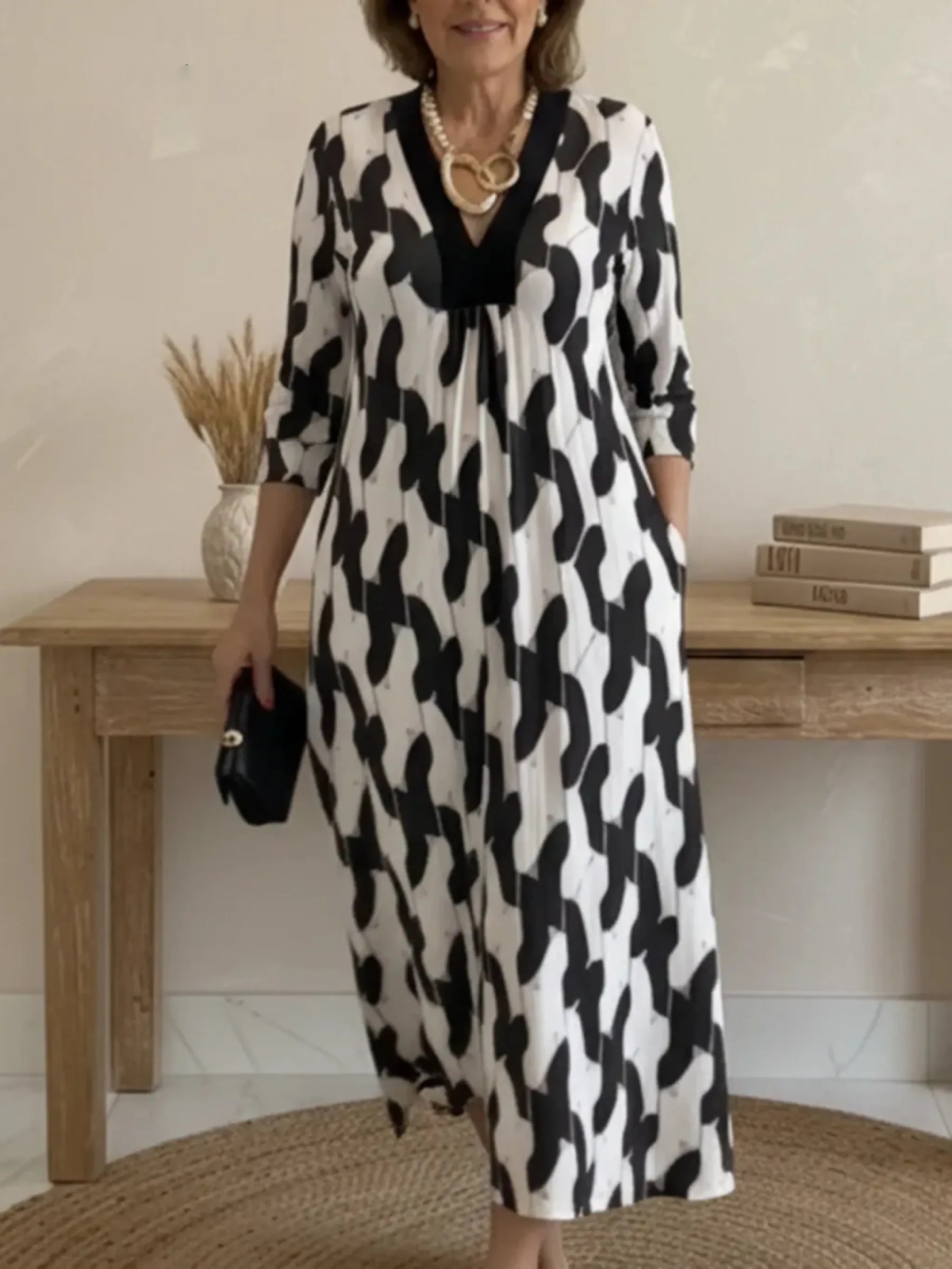 Elegant Art Print Color Block Trim V-neck Midi Dress