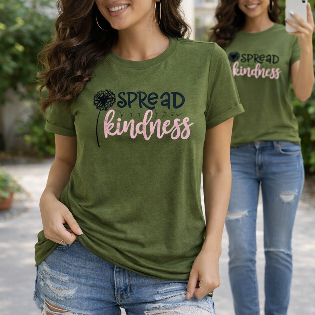Women’s “Spread Kindness” Dandelion Graphic T-Shirt – Short Sleeve Crewneck, Cotton Blend