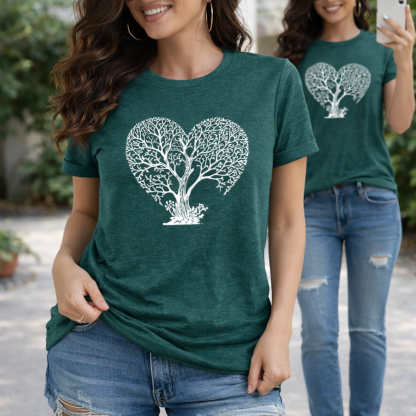 Women’s Heart Tree Graphic T-Shirt – Nature Vintage Tee, Short Sleeve Crewneck, Cotton Blend, Green