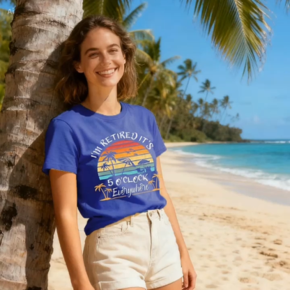 Women’s Retirement Graphic T-Shirt – Beach Vacation Hawaiian Tee, Short Sleeve Crewneck, Cotton Blend, Dark Blue