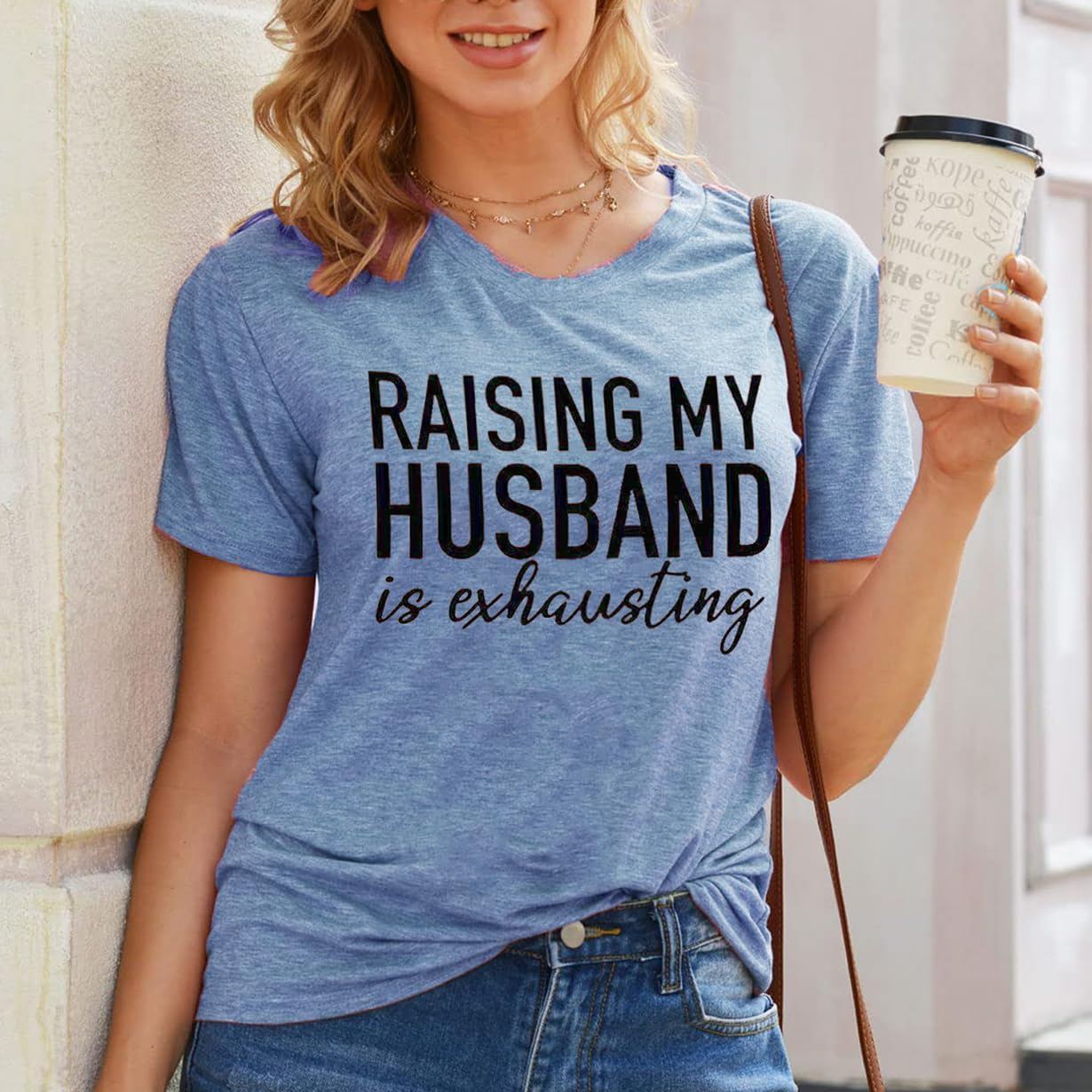 Women’s Funny Graphic T-Shirt “Raising My Husband Is Exhausting” – Short Sleeve Crewneck, Cotton Blend, Blue