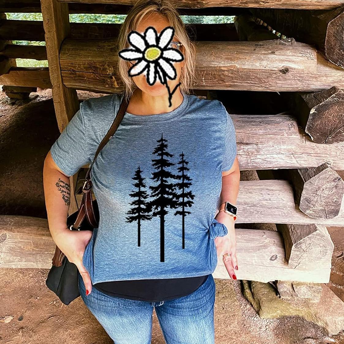 Women’s Nature Outdoor Graphic T-Shirt – Vintage Pine Tree, Two-Sided Print, Short Sleeve Crewneck, Cotton Blend, Blue