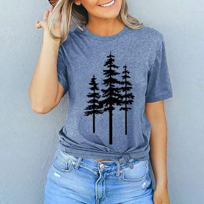 Women’s Nature Outdoor Graphic T-Shirt – Vintage Pine Tree, Two-Sided Print, Short Sleeve Crewneck, Cotton Blend, Blue