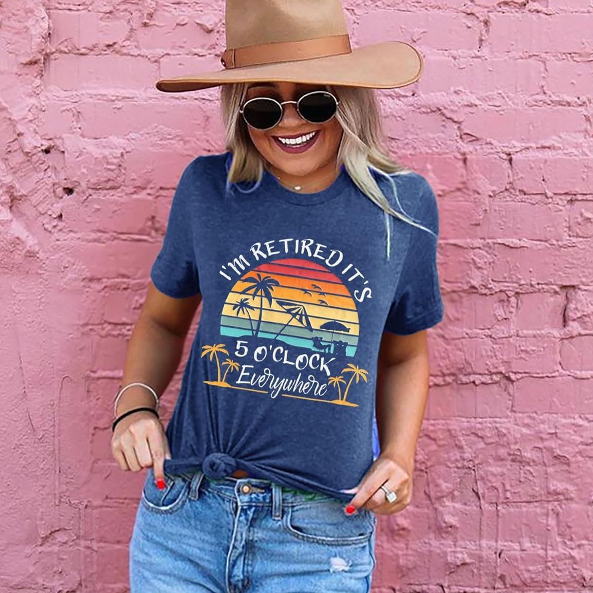 Women’s Retirement Graphic T-Shirt – Beach Vacation Hawaiian Tee, Short Sleeve Crewneck, Cotton Blend, Dark Blue