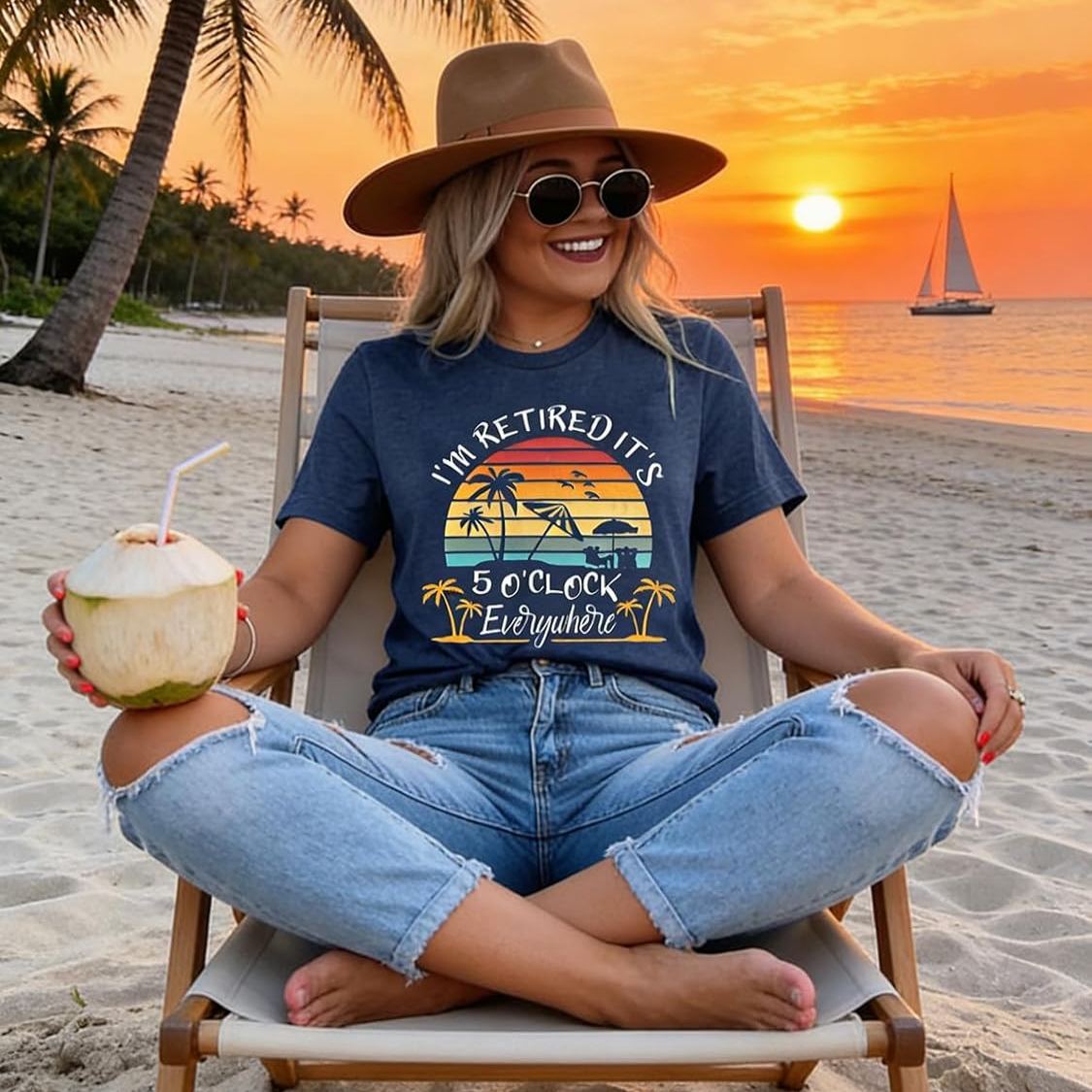 Women’s Retirement Graphic T-Shirt – Beach Vacation Hawaiian Tee, Short Sleeve Crewneck, Cotton Blend, Dark Blue