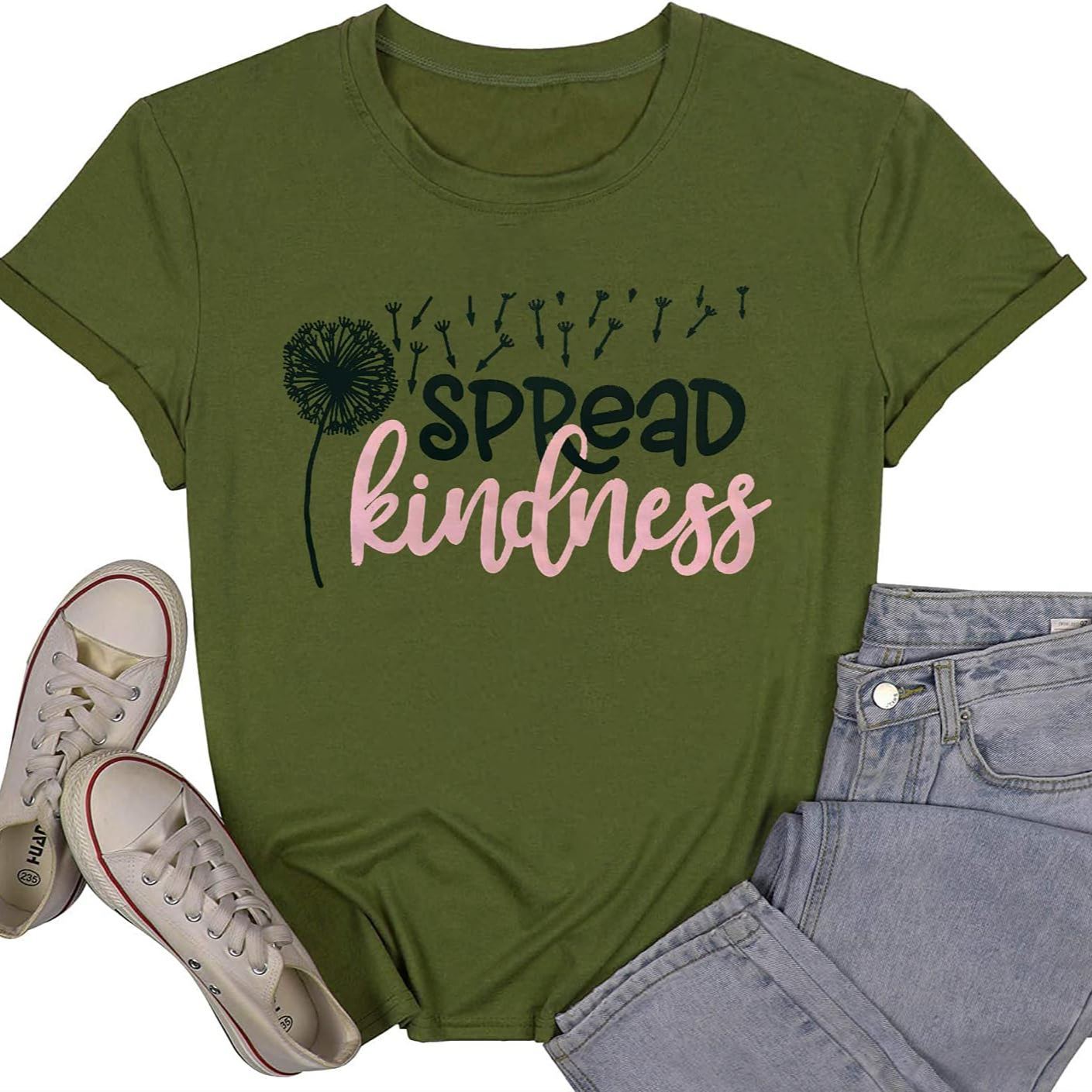 Women’s “Spread Kindness” Dandelion Graphic T-Shirt – Short Sleeve Crewneck, Cotton Blend