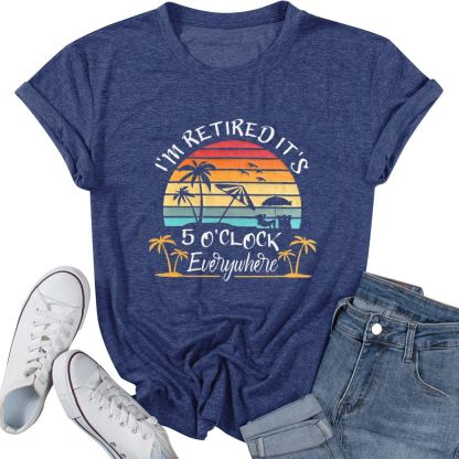 Women’s Retirement Graphic T-Shirt – Beach Vacation Hawaiian Tee, Short Sleeve Crewneck, Cotton Blend, Dark Blue