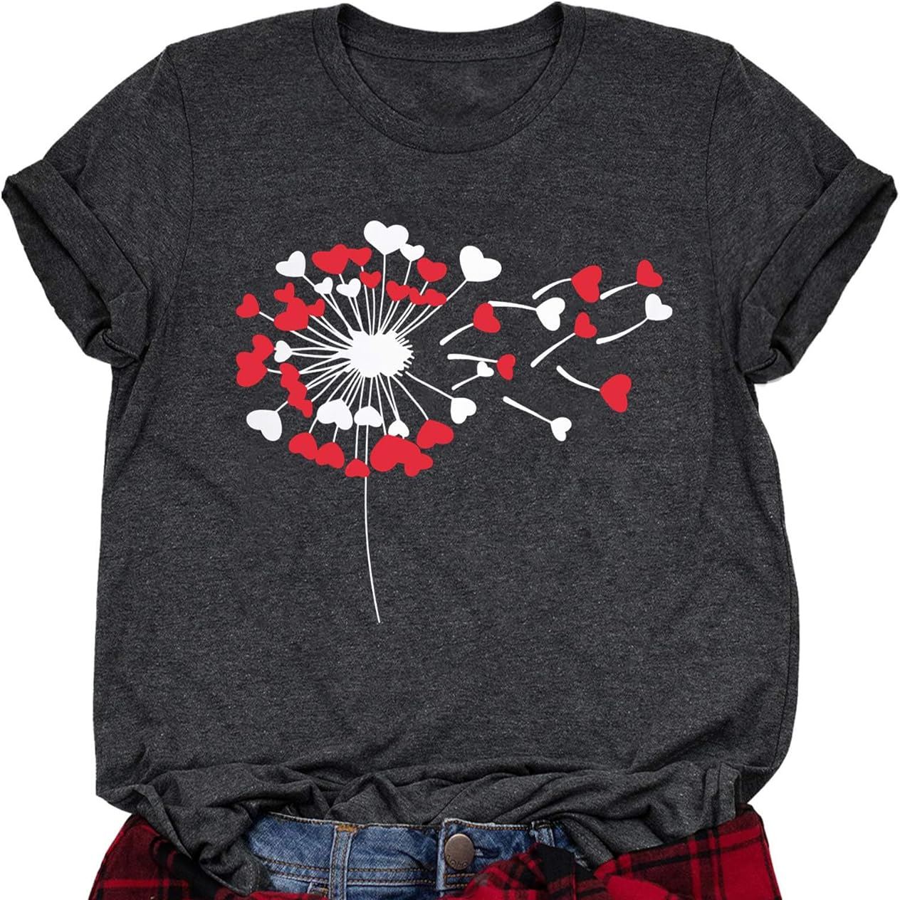 Women’s Valentine’s Day Graphic T-Shirt – Cute Heart & Dandelion Print, Short Sleeve Crewneck, Dandelion-grey