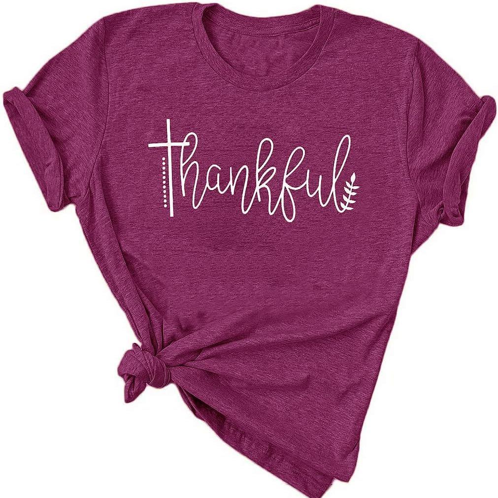 Women’s Thanksgiving Graphic T-Shirt “Thankful” – Short Sleeve Crewneck, Casual Tee, Purple