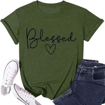 Women’s “Blessed” Graphic T-Shirt – Heart Letter Print, Short Sleeve Crewneck, Cotton Blend, Green