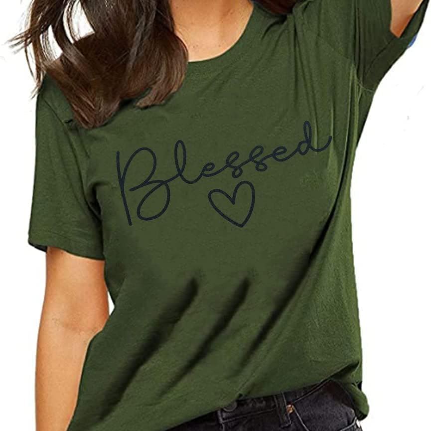 Women’s “Blessed” Graphic T-Shirt – Heart Letter Print, Short Sleeve Crewneck, Cotton Blend, Green