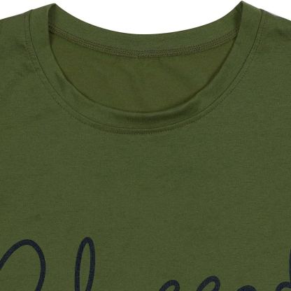 Women’s “Blessed” Graphic T-Shirt – Heart Letter Print, Short Sleeve Crewneck, Cotton Blend, Green