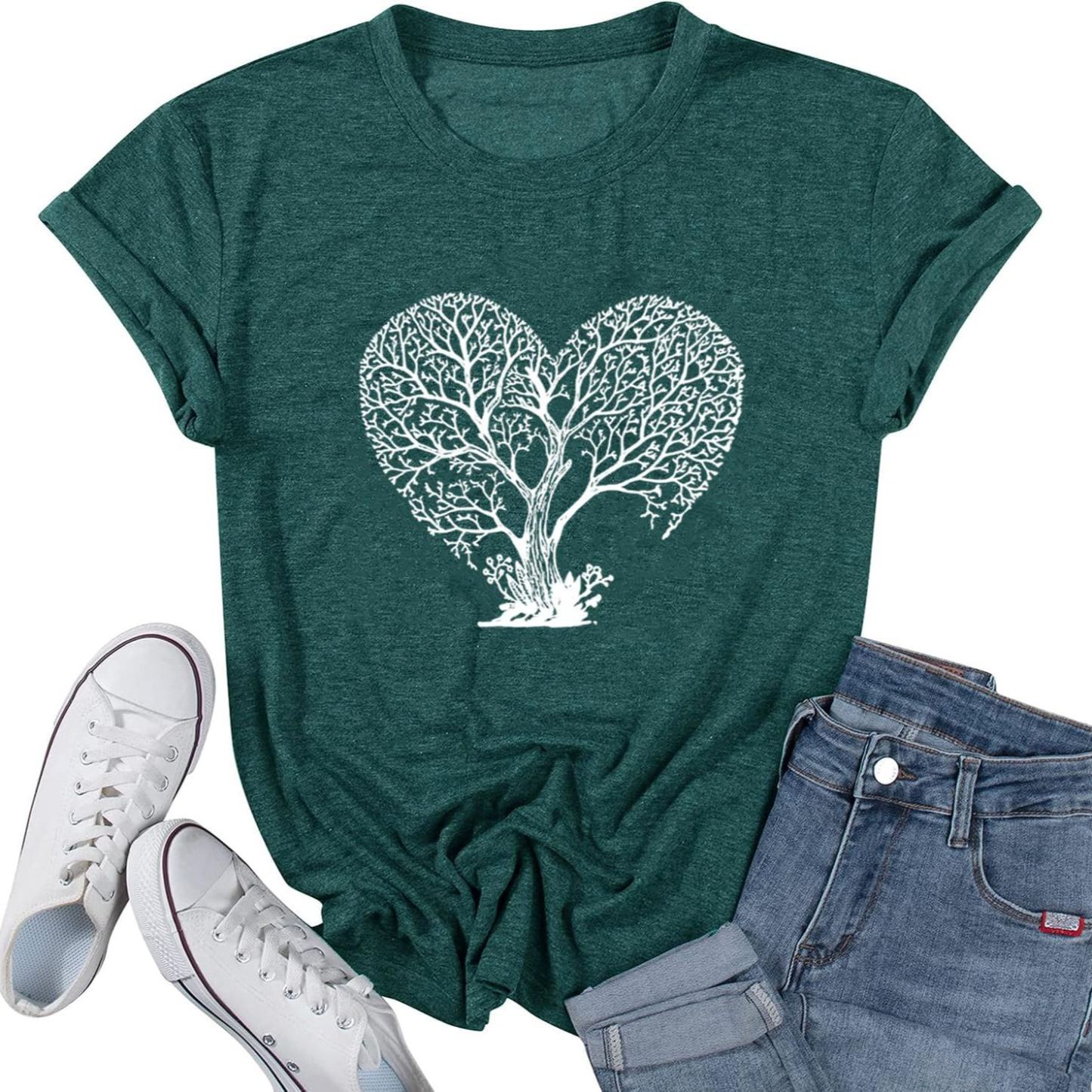 Women’s Heart Tree Graphic T-Shirt – Nature Vintage Tee, Short Sleeve Crewneck, Cotton Blend, Green