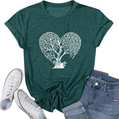 Women’s Heart Tree Graphic T-Shirt – Nature Vintage Tee, Short Sleeve Crewneck, Cotton Blend, Green