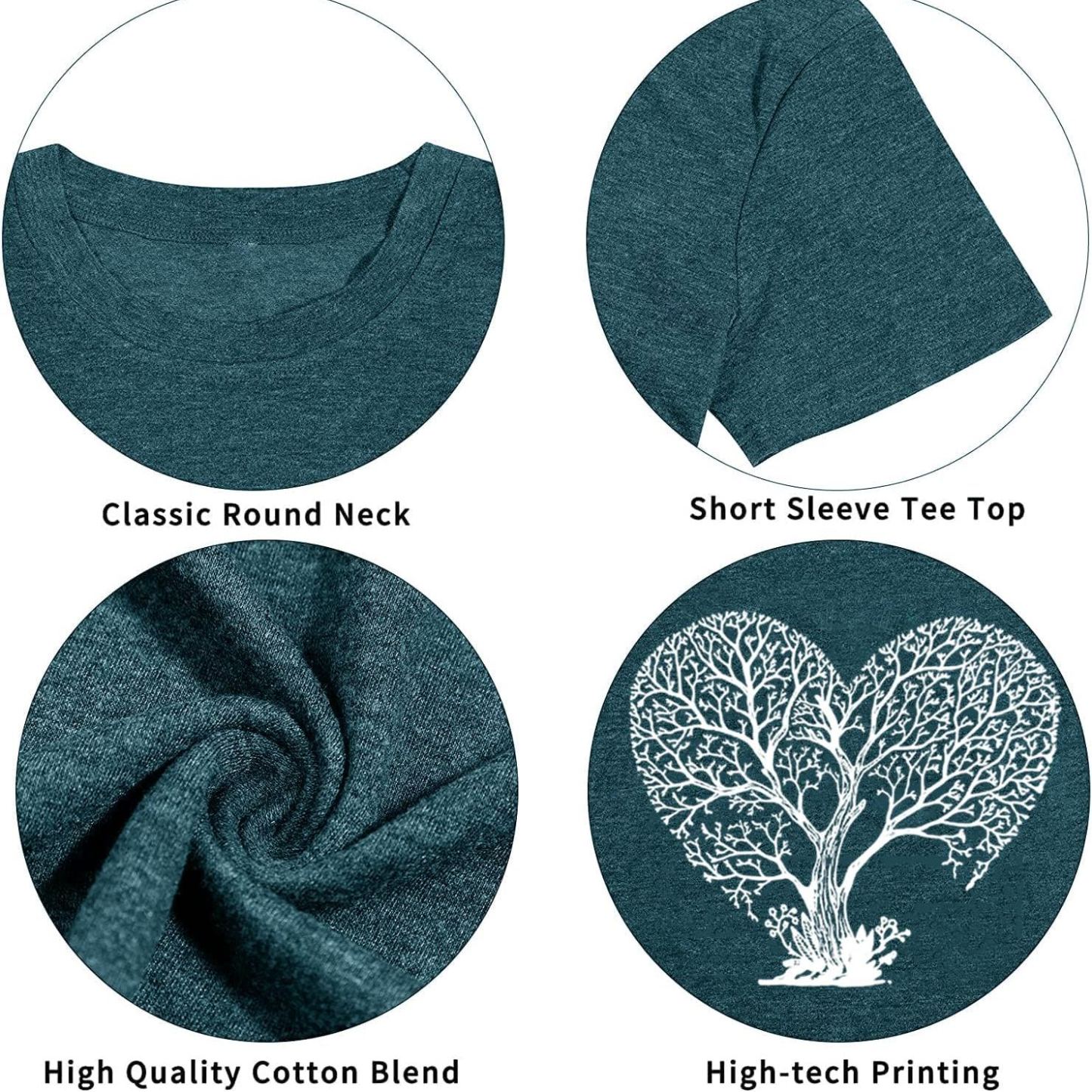 Women’s Heart Tree Graphic T-Shirt – Nature Vintage Tee, Short Sleeve Crewneck, Cotton Blend, Green