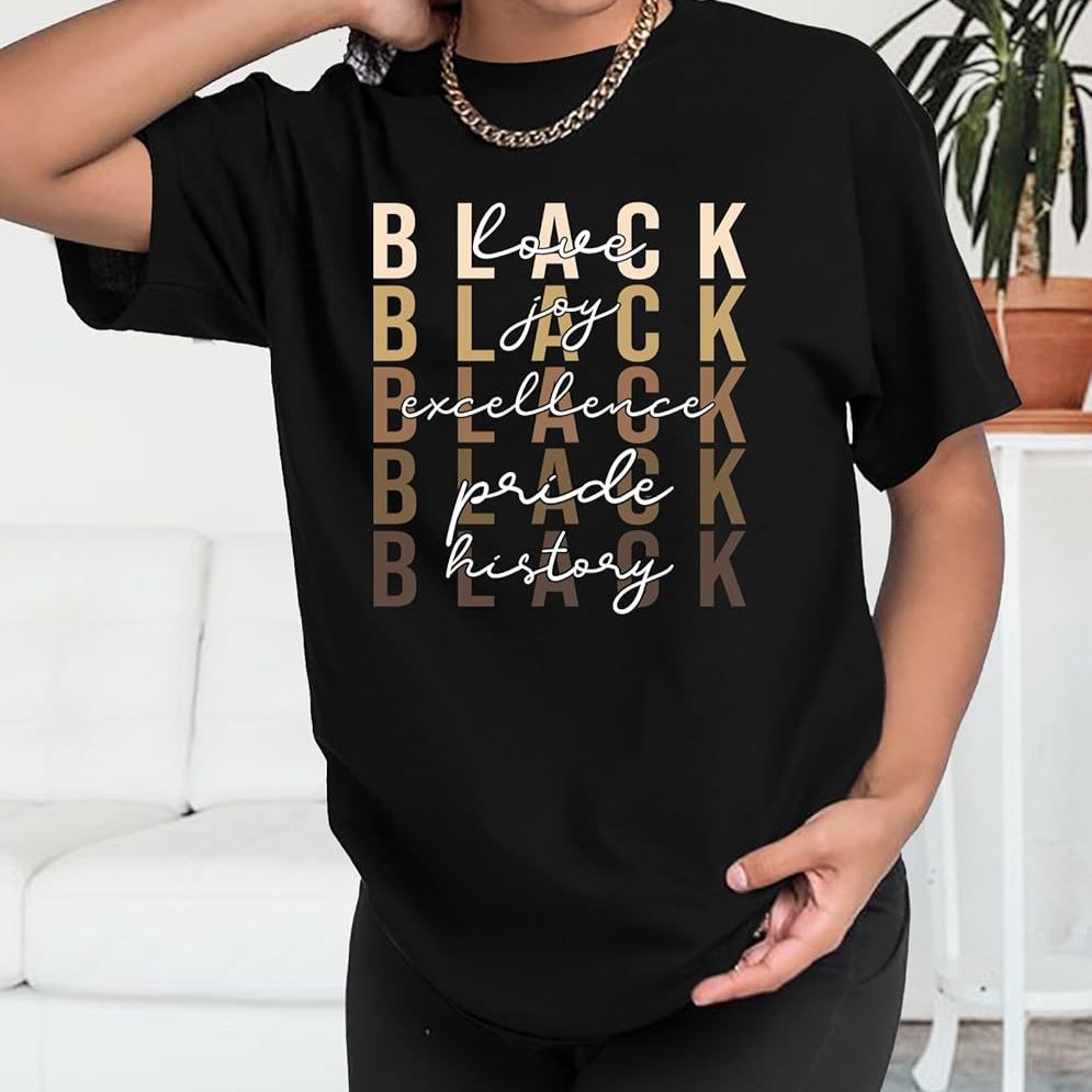 Women’s Black History Month Graphic T-Shirt – African American Culture Tee, Short Sleeve Crewneck, Black