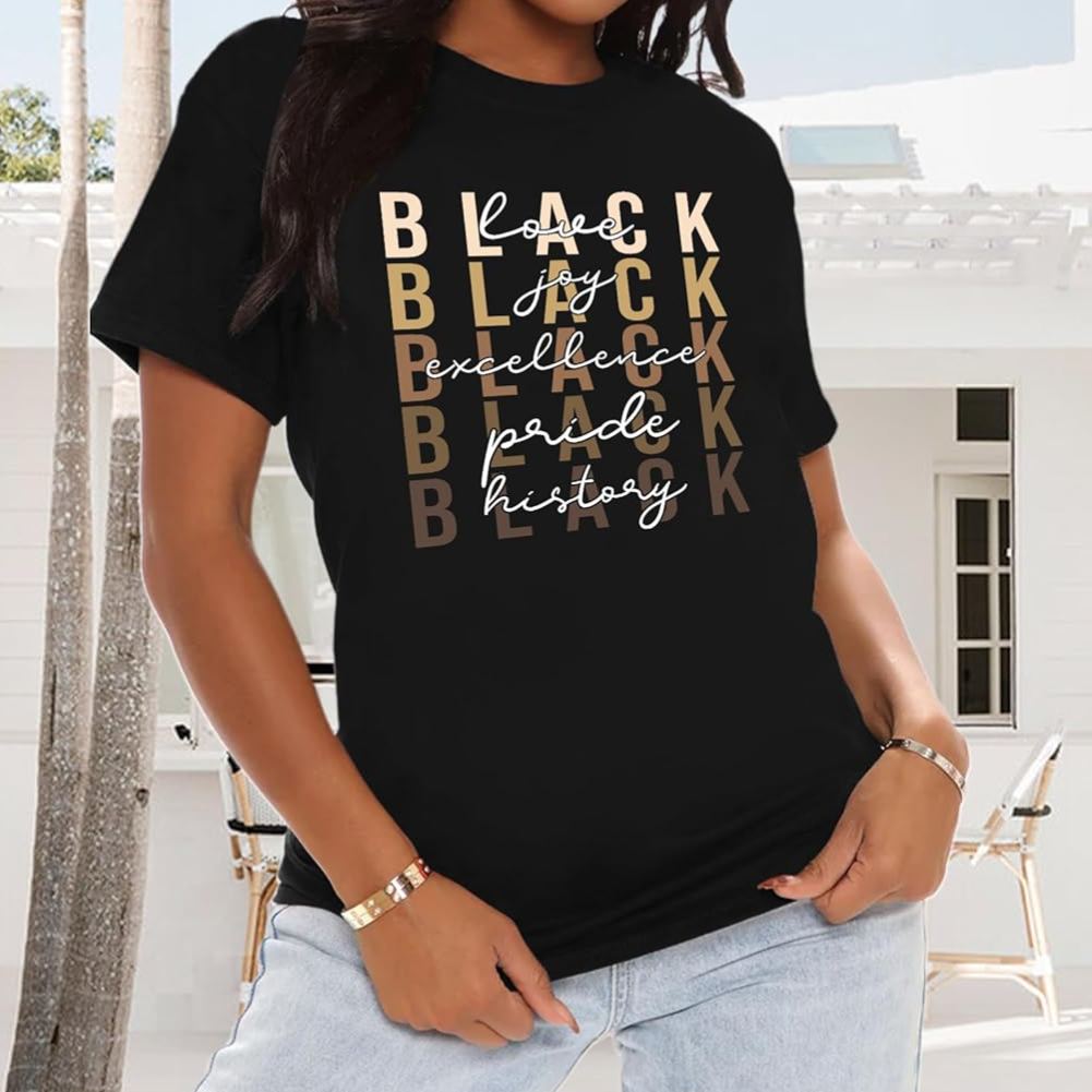 Women’s Black History Month Graphic T-Shirt – African American Culture Tee, Short Sleeve Crewneck, Black