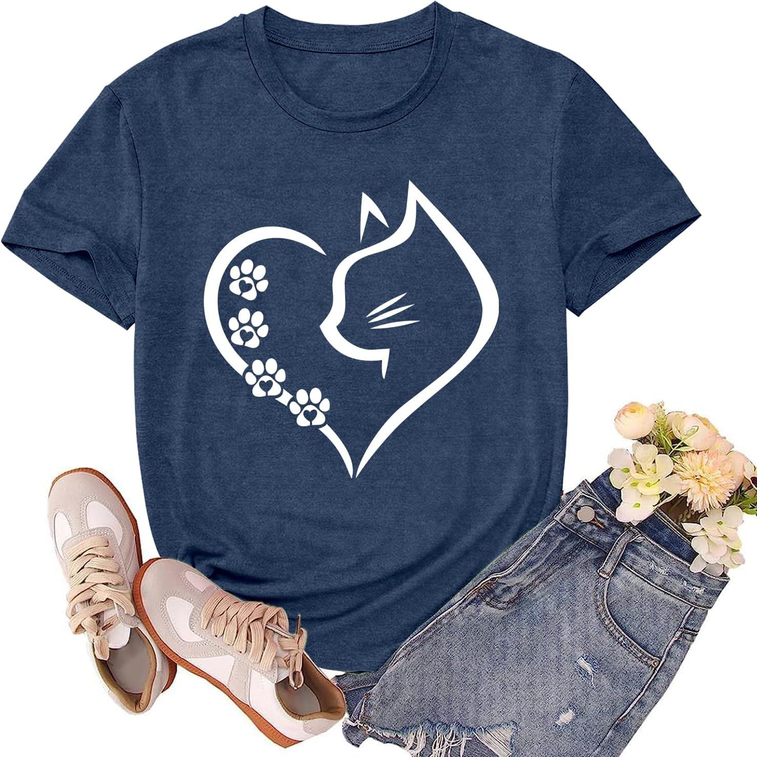 Women’s Cat Mom Graphic T-Shirt – Cat Silhouette & Paw Print Tee, Short Sleeve Crewneck
