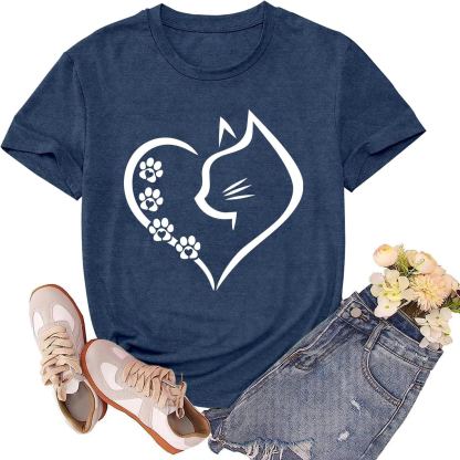 Women’s Cat Mom Graphic T-Shirt – Cat Silhouette & Paw Print Tee, Short Sleeve Crewneck