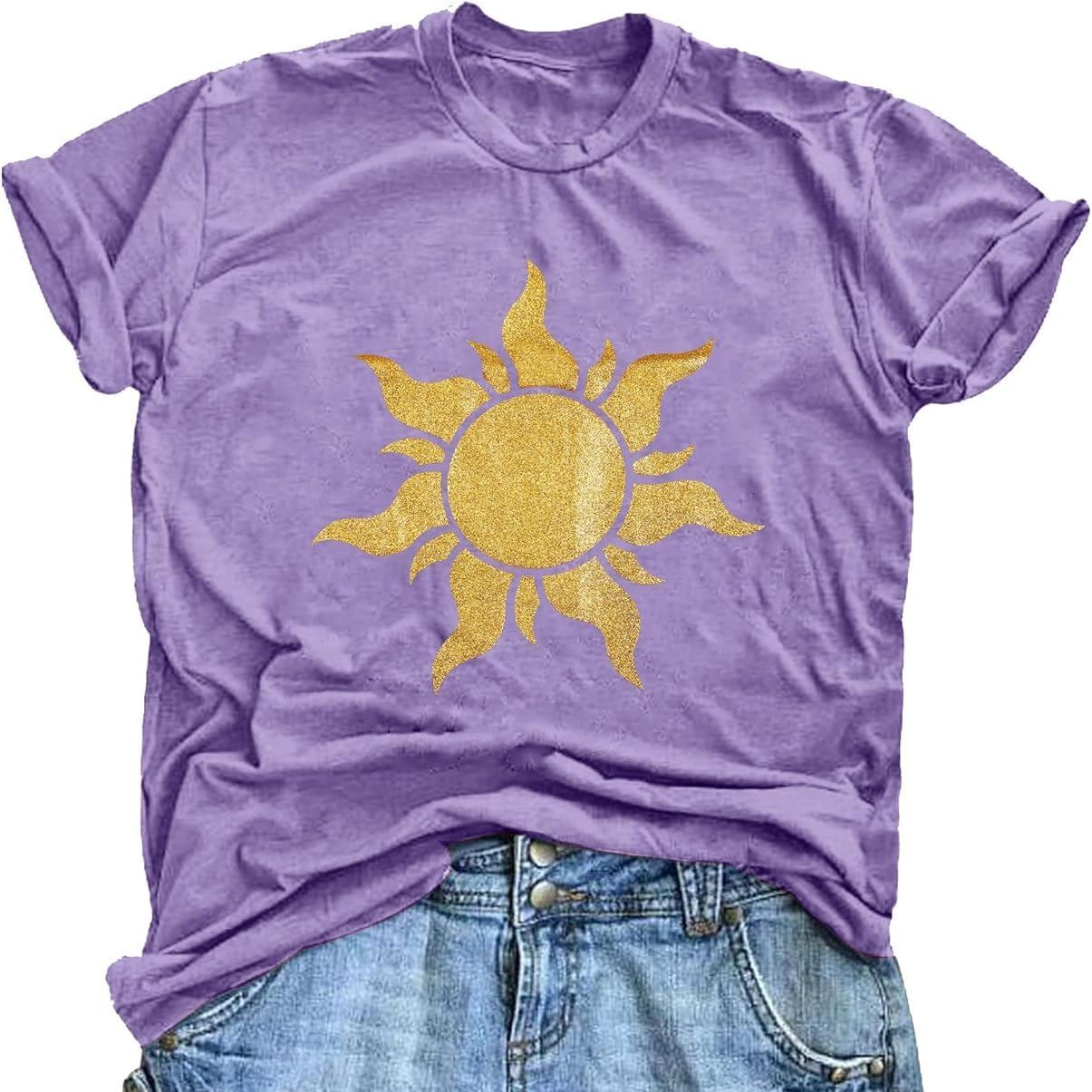 Women’s Magic Sun Graphic T-Shirt – Sunshine Print, Short Sleeve Crewneck, Purple