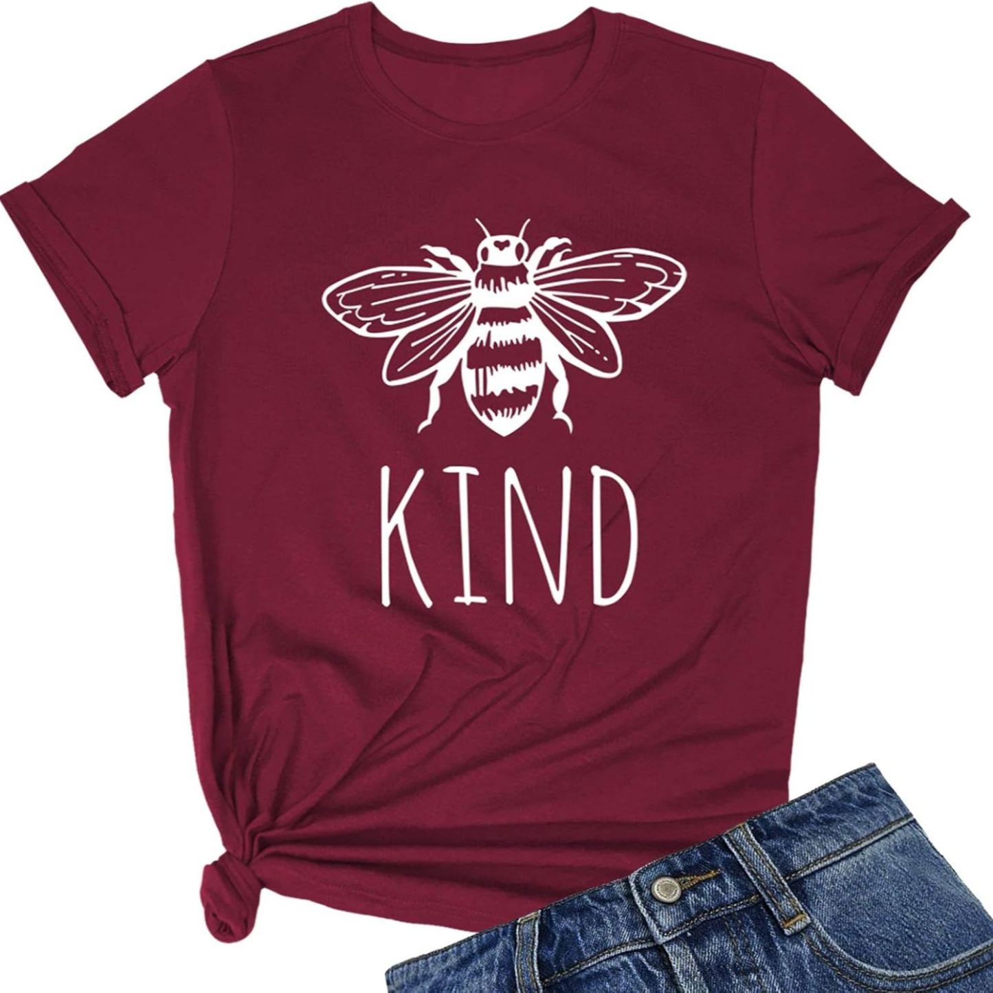 Unisex Graphic T-Shirt – Kind, Short Sleeve Crewneck Casual Tee, Wine Red
