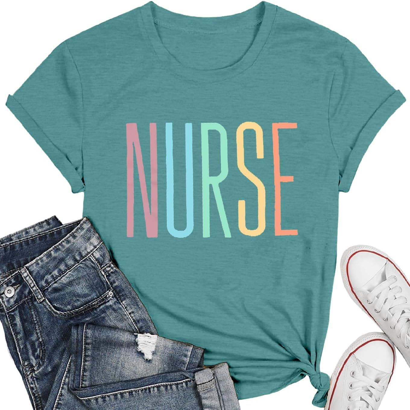 Women’s Registered Nurse Graduation Graphic T-Shirt – Colorful “NURSE” Print, Short Sleeve Crewneck