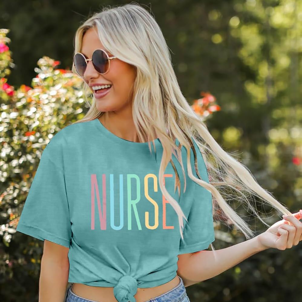 Women’s Registered Nurse Graduation Graphic T-Shirt – Colorful “NURSE” Print, Short Sleeve Crewneck