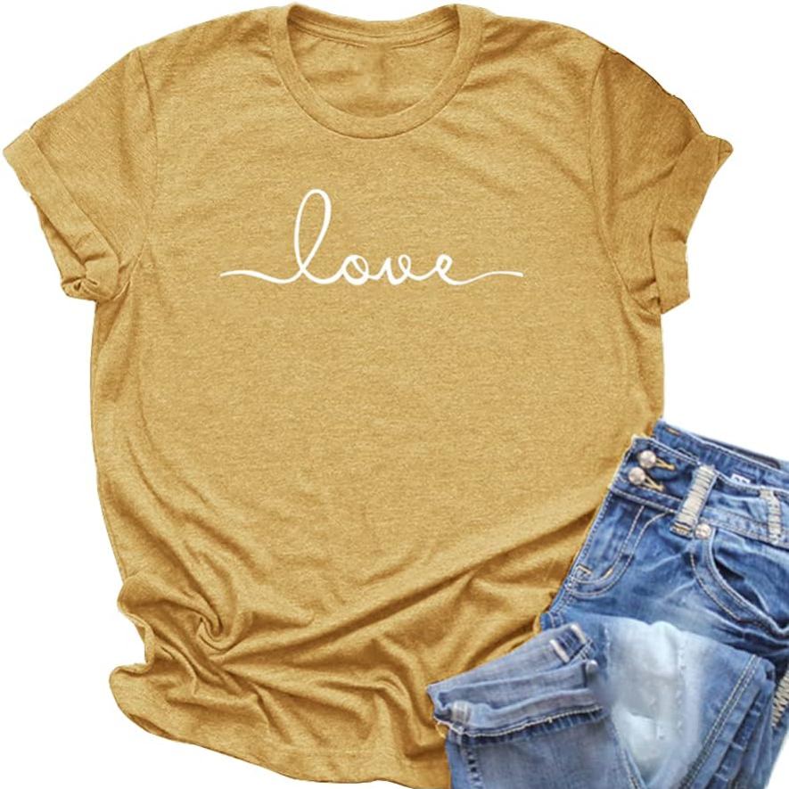 Women’s Graphic Tee “LOVE” Print – Soft Stretchy Lightweight, Short Sleeve Crew Neck, Loose Fit, Ginger