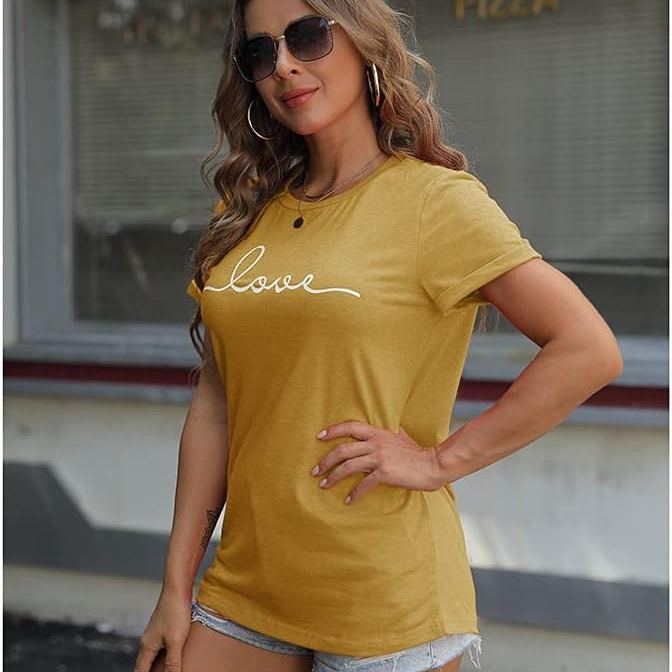 Women’s Graphic Tee “LOVE” Print – Soft Stretchy Lightweight, Short Sleeve Crew Neck, Loose Fit, Ginger