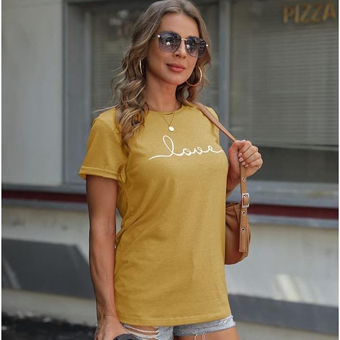 Women’s Graphic Tee “LOVE” Print – Soft Stretchy Lightweight, Short Sleeve Crew Neck, Loose Fit, Ginger