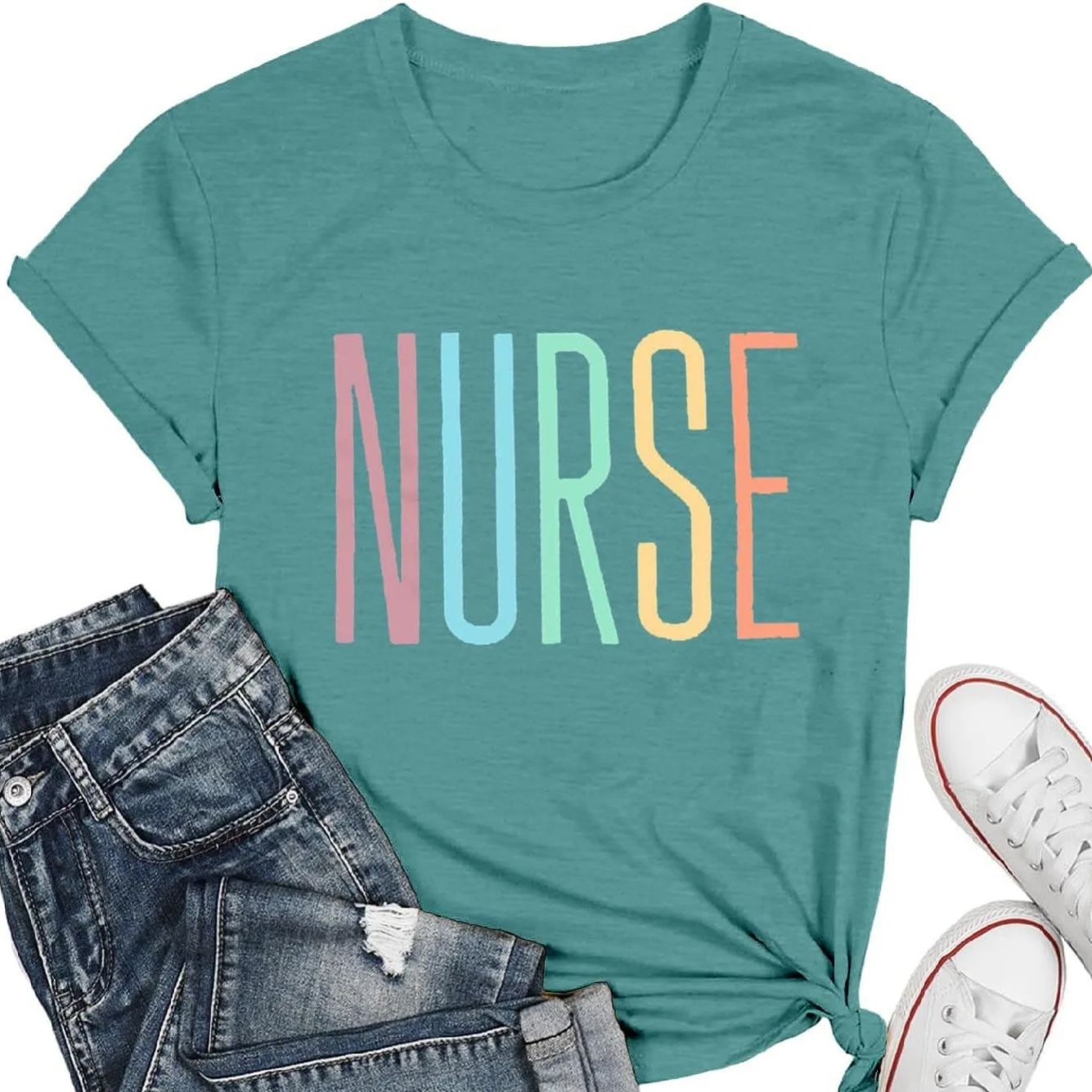 Women’s Registered Nurse Graduation Graphic T-Shirt – Colorful “NURSE” Print, Short Sleeve Crewneck, Green-CuzCustom Gifts