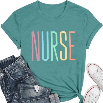 Women’s Registered Nurse Graduation Graphic T-Shirt – Colorful “NURSE” Print, Short Sleeve Crewneck, Green-CuzCustom Gifts