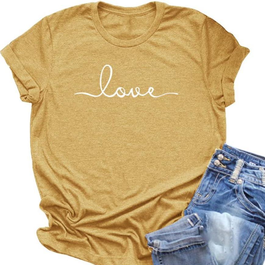 Women’s Graphic Tee “LOVE” Print – Soft Stretchy Lightweight, Short Sleeve Crew Neck, Loose Fit, Ginger-CuzCustom Gifts