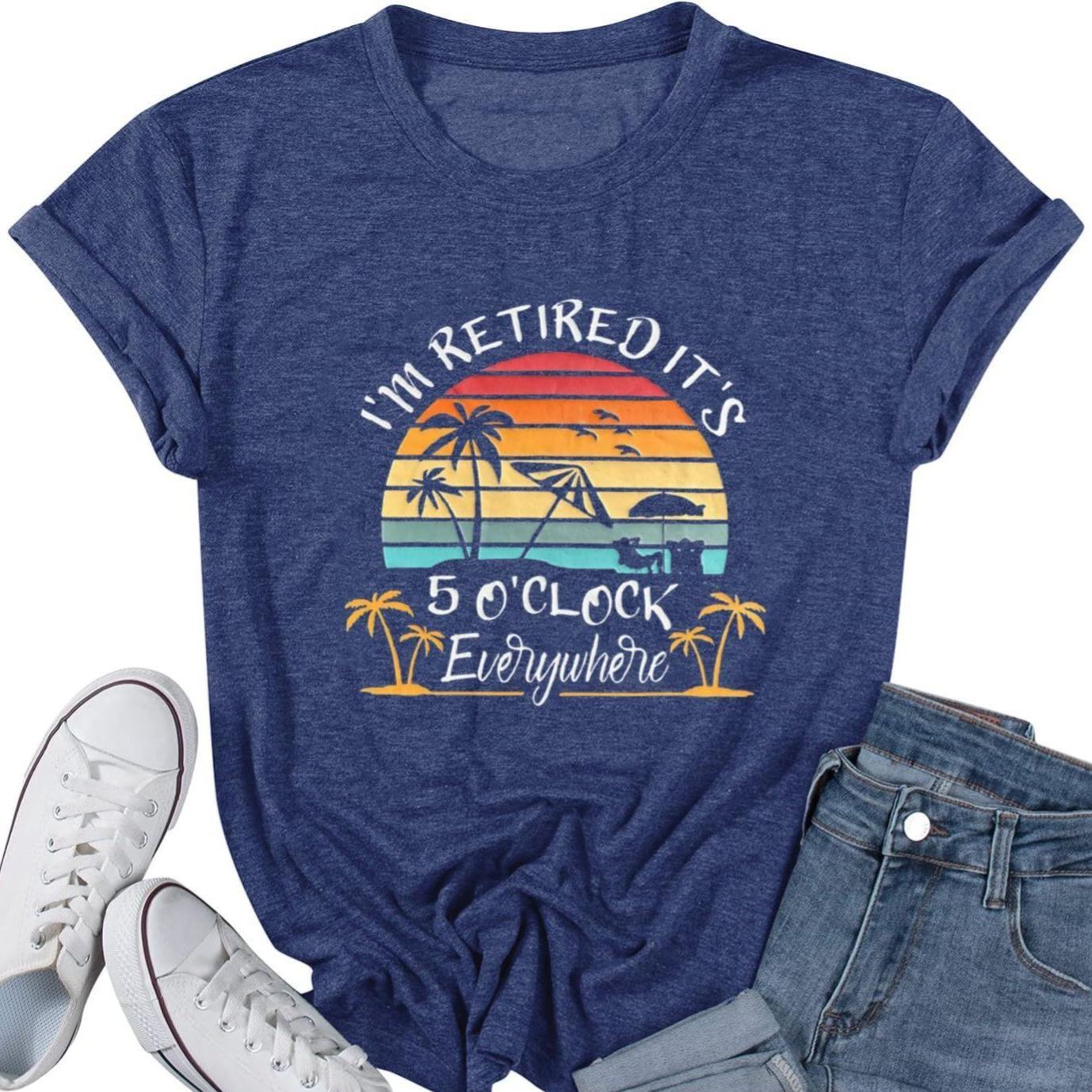 Women’s Retirement Graphic T-Shirt – Beach Vacation Hawaiian Tee, Short Sleeve Crewneck, Cotton Blend, Dark Blue-CuzCustom Gifts