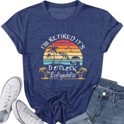 Women’s Retirement Graphic T-Shirt – Beach Vacation Hawaiian Tee, Short Sleeve Crewneck, Cotton Blend, Dark Blue-CuzCustom Gifts