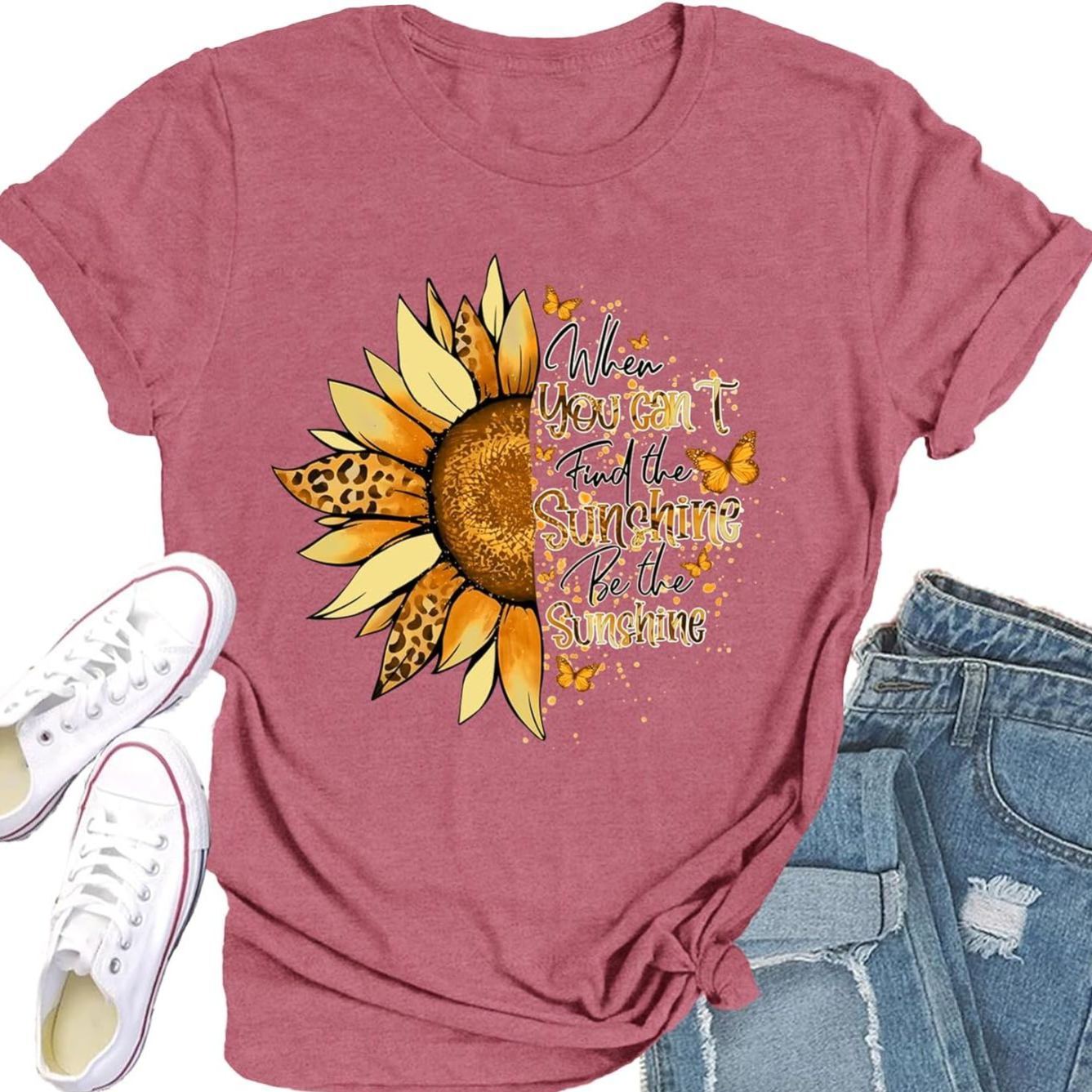 Women’s Sunflower Graphic T-Shirt – Soft Crew Neck Short Sleeve Inspirational Quote Tee, Pink-CuzCustom Gifts