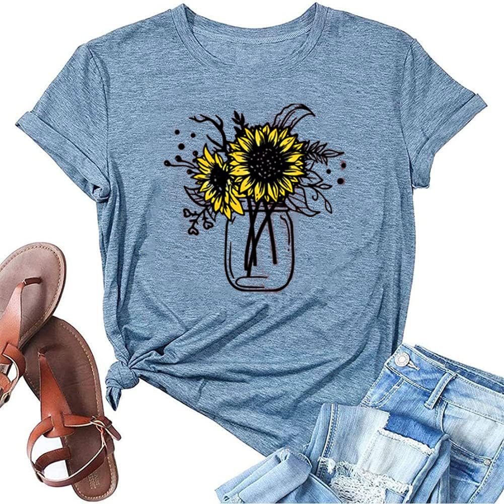 Women’s Sunflower Vase Graphic Tank Top – Sleeveless Summer Casual Top, Soft Cotton, Blue