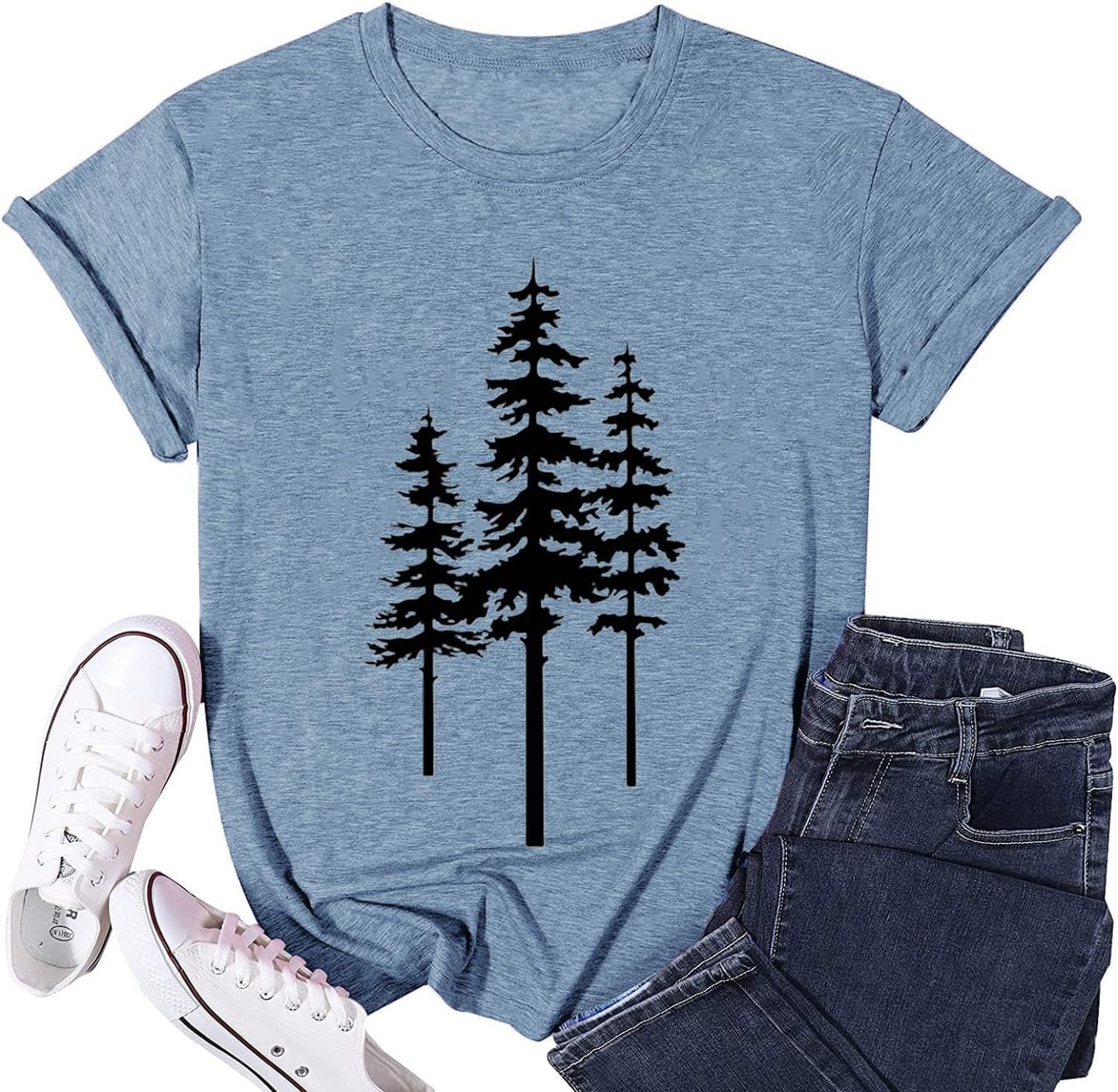 Women’s Nature Outdoor Graphic T-Shirt – Vintage Pine Tree, Two-Sided Print, Short Sleeve Crewneck, Cotton Blend, Blue
