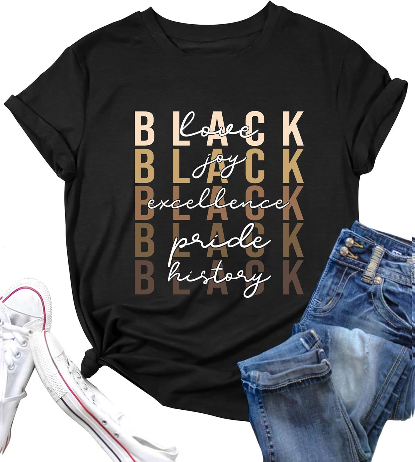 Women’s Black History Month Graphic T-Shirt – African American Culture Tee, Short Sleeve Crewneck, Black