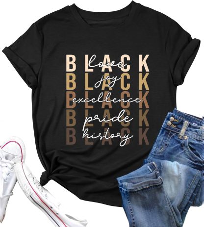 Women’s Black History Month Graphic T-Shirt – African American Culture Tee, Short Sleeve Crewneck, Black