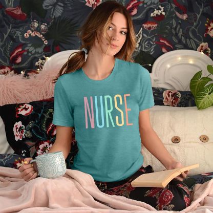 Women’s Registered Nurse Graduation Graphic T-Shirt – Colorful “NURSE” Print, Short Sleeve Crewneck