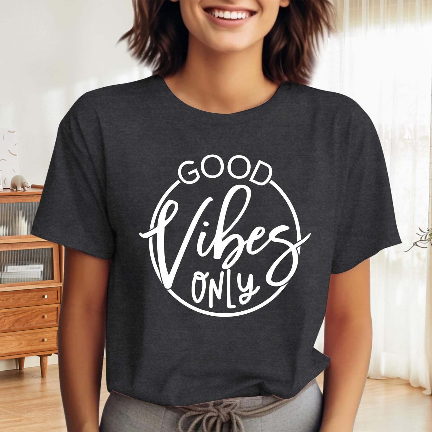Women’s “Good Vibes Only” Graphic T-Shirt – Soft Crew Neck Short Sleeve Inspirational Tee, Grey-CuzCustom Gifts