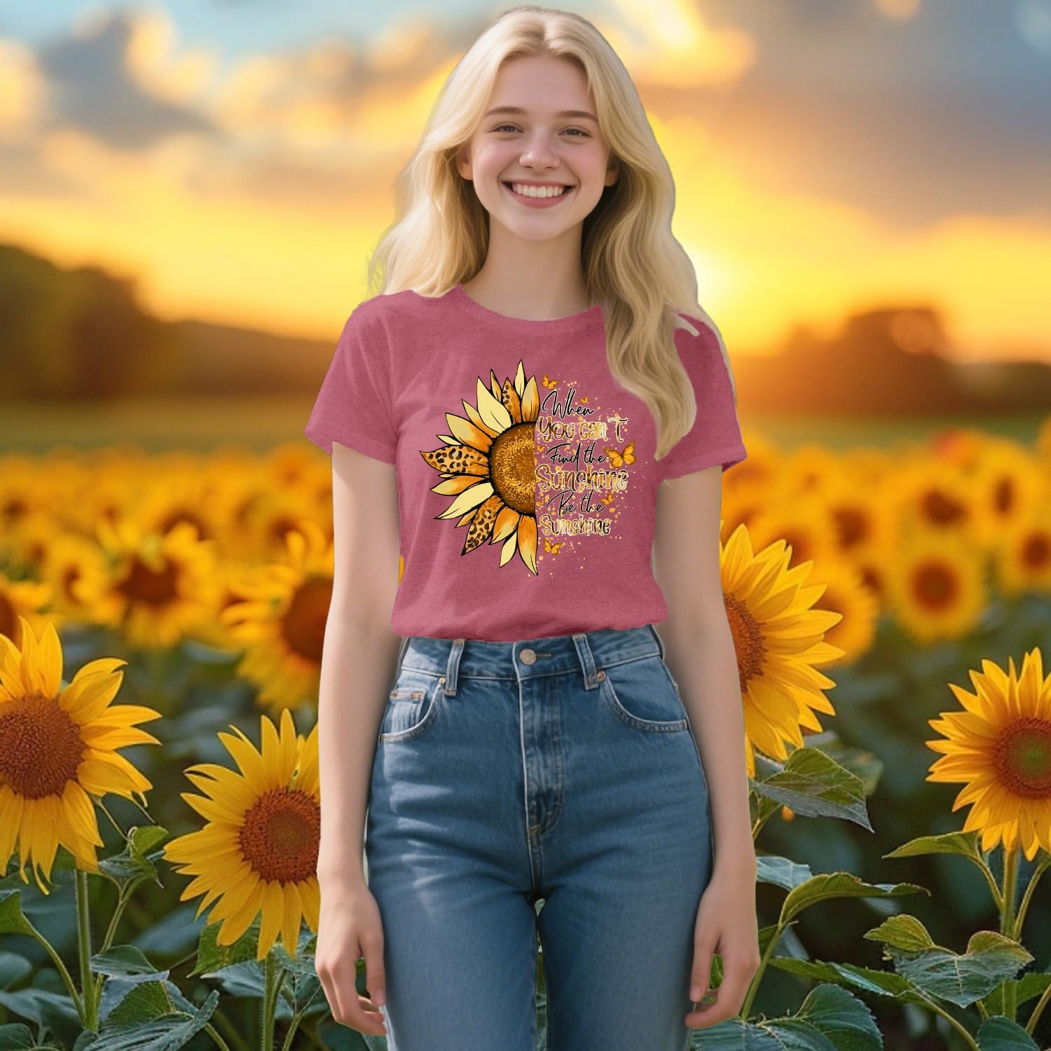 Women’s Sunflower Graphic T-Shirt – Soft Crew Neck Short Sleeve Inspirational Quote Tee, Pink-CuzCustom Gifts