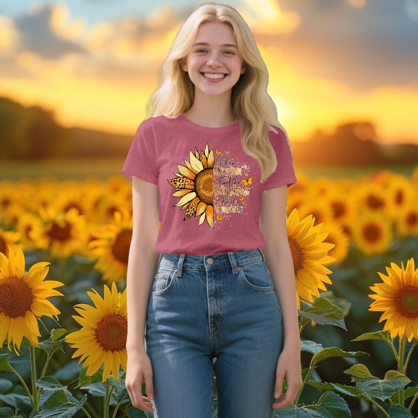 Women’s Sunflower Graphic T-Shirt – Soft Crew Neck Short Sleeve Inspirational Quote Tee, Pink-CuzCustom Gifts