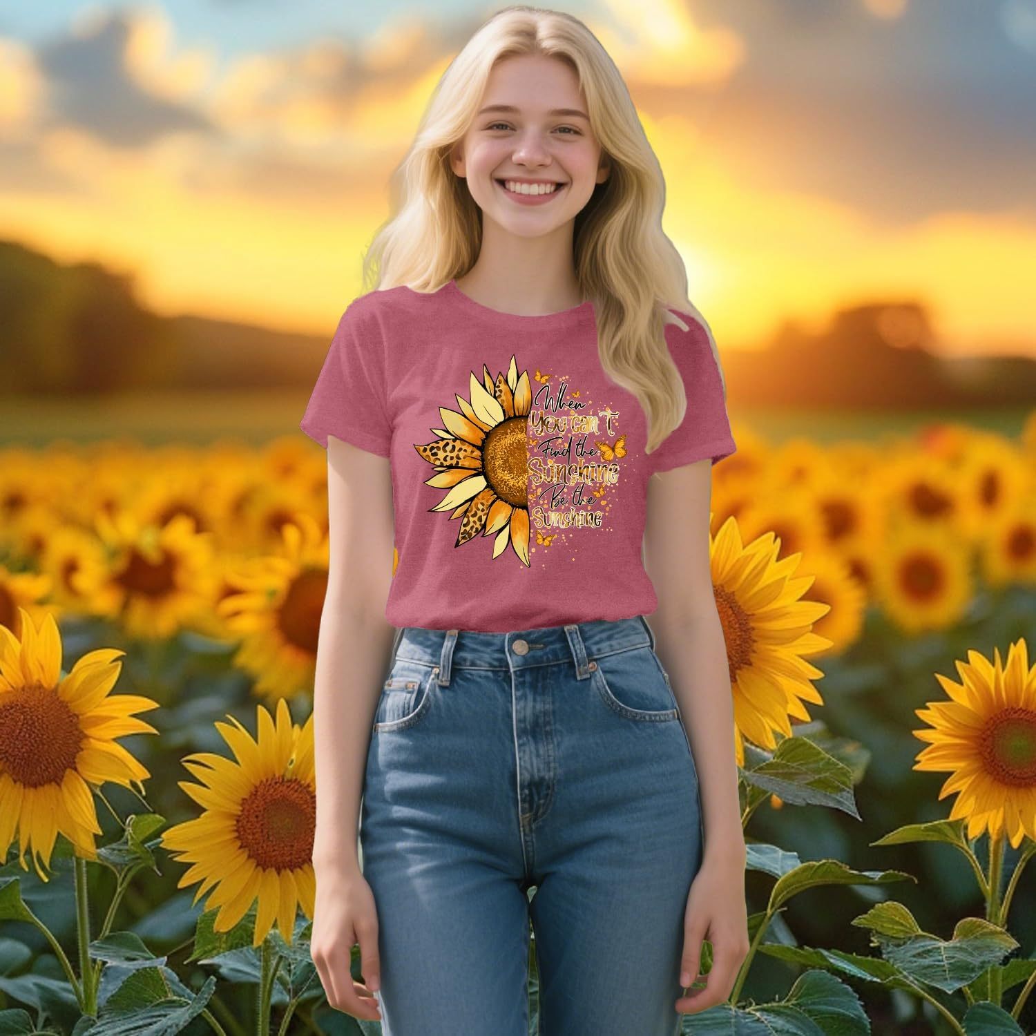 Women’s Sunflower Graphic T-Shirt – Soft Crew Neck Short Sleeve Inspirational Quote Tee, Pink-CuzCustom Gifts