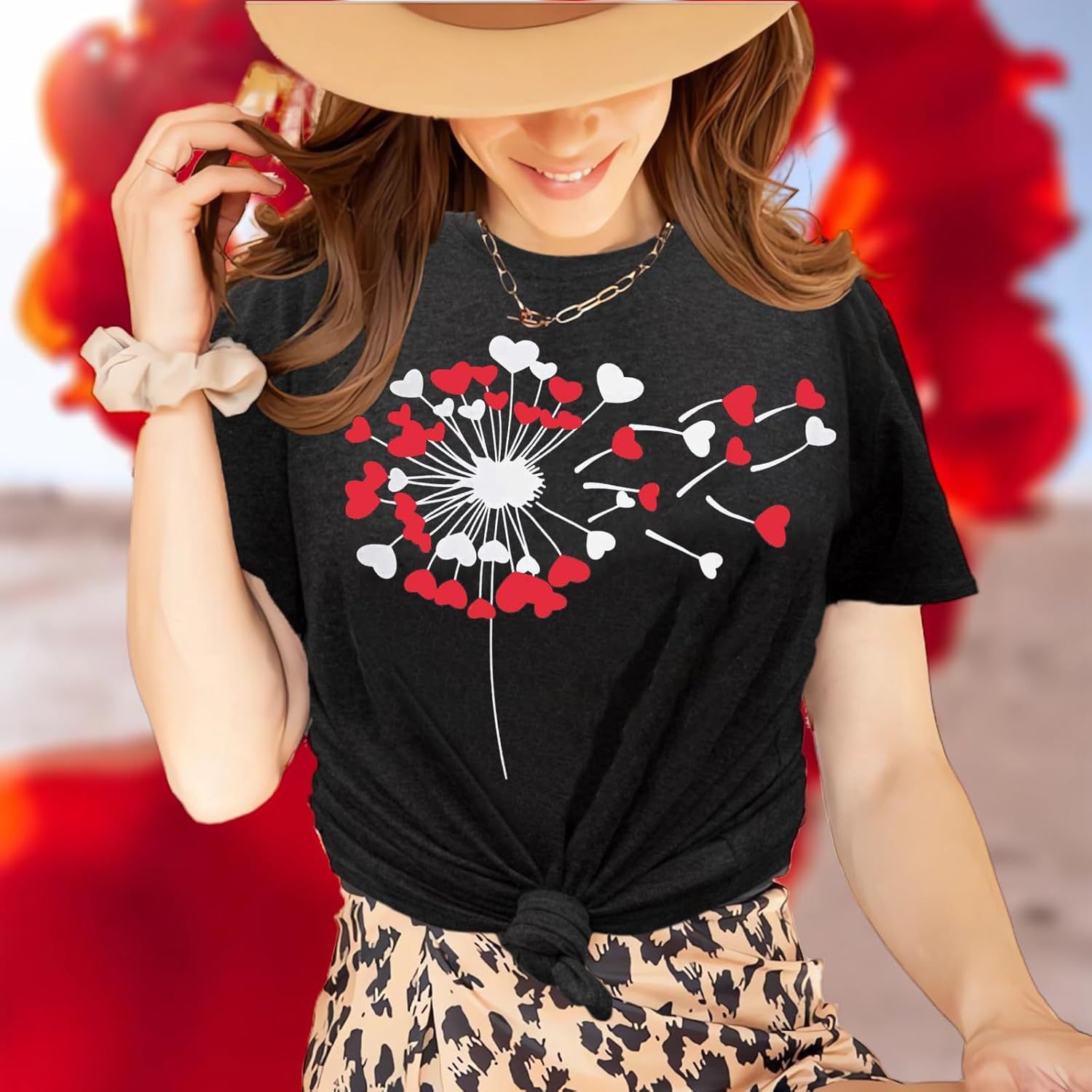 Women’s Valentine’s Day Graphic T-Shirt – Cute Heart & Dandelion Print, Short Sleeve Crewneck, Dandelion-grey