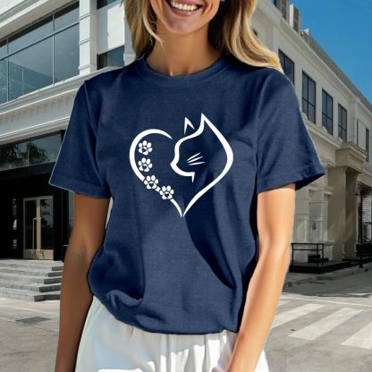 Women’s Cat Mom Graphic T-Shirt – Cat Silhouette & Paw Print Tee, Short Sleeve Crewneck
