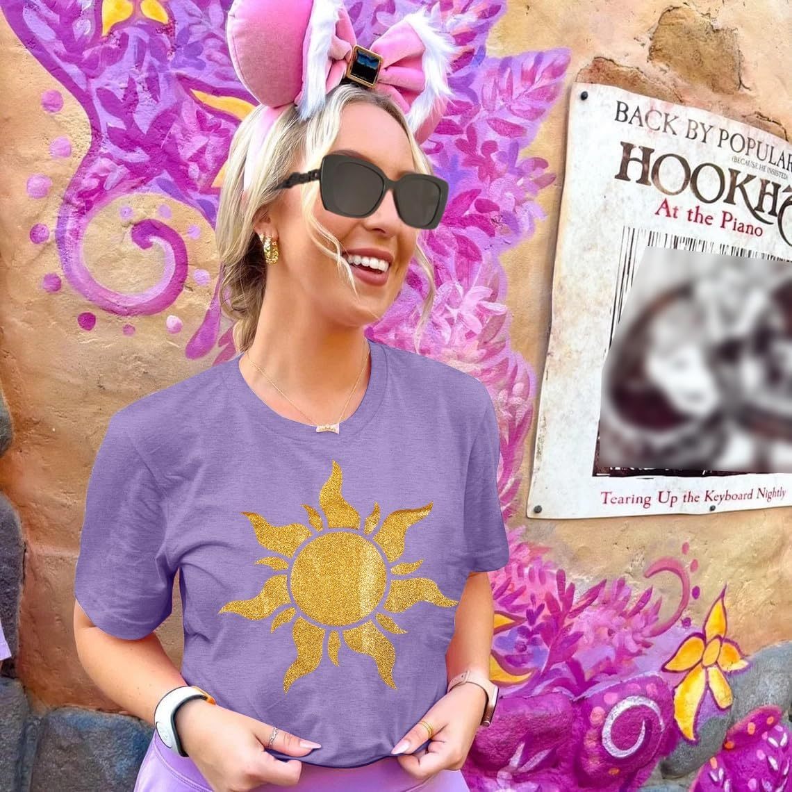 Women’s Magic Sun Graphic T-Shirt – Sunshine Print, Short Sleeve Crewneck, Purple