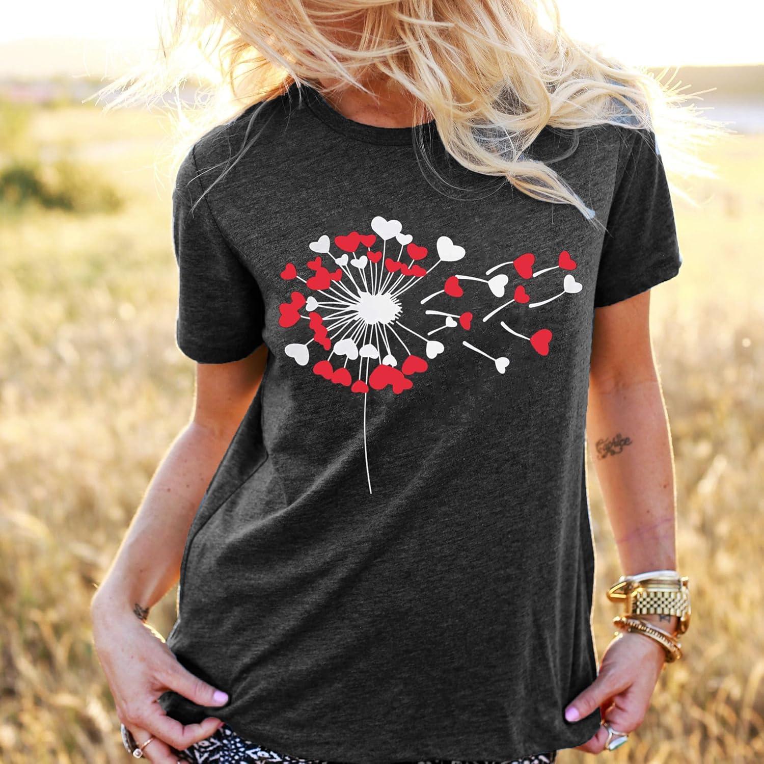 Women’s Valentine’s Day Graphic T-Shirt – Cute Heart & Dandelion Print, Short Sleeve Crewneck, Dandelion-grey